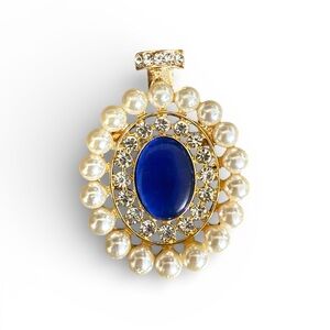 Mint Blue and Gold Brooch with Pearl and Crystal Accents